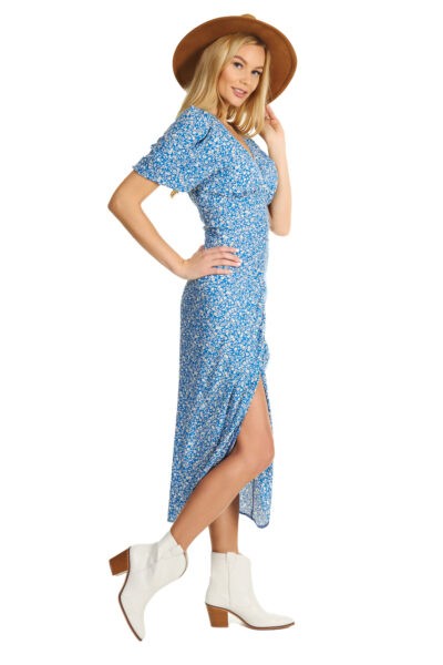Sukienka błękitna letnia wiskoza drukowana z rozporkiem Sweet Romance